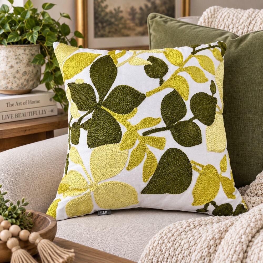 KAS Embroidered Botanical Leaf Throw Pillow Green Yellow White Accent Cushion